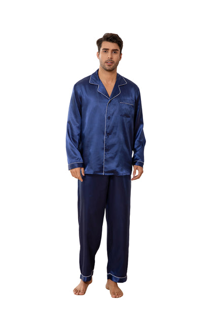 New Men's Pajamas Set Solid Color Casual Homewear Ice Silk Long Sleeve Shirt & Long Pants Pajama Male Satin Sleepwear Indoor Set