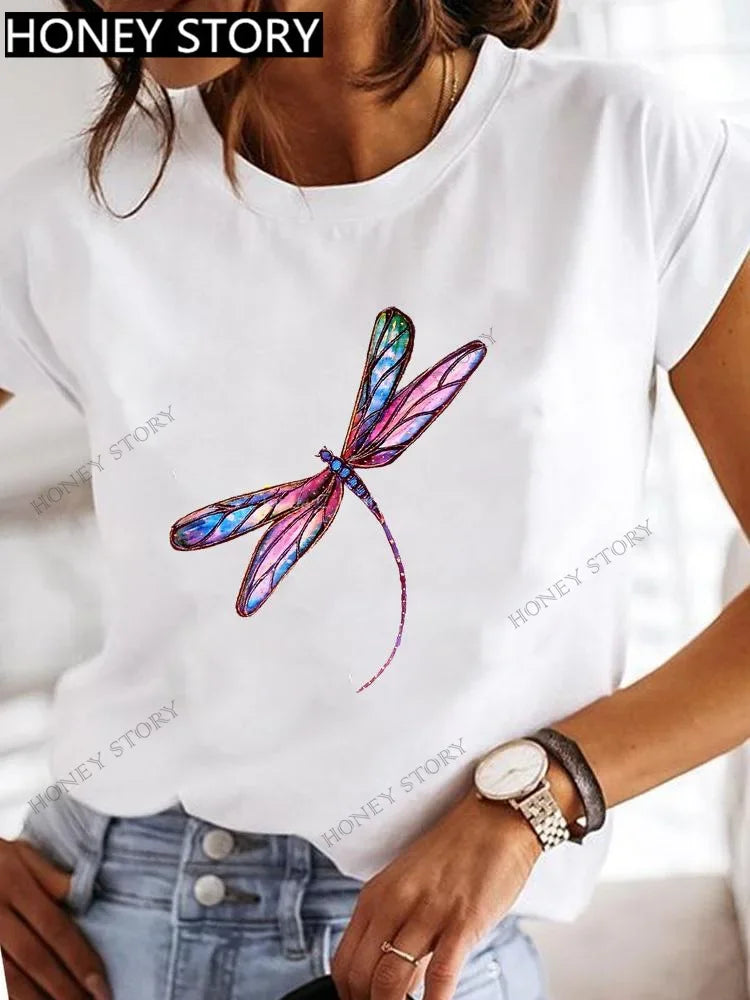 Dragonfly Butterfly Print Base Top Loose Women's Short-sleeved T-shirt Round Neck Oversized T Shirt  Women Clothes TEE