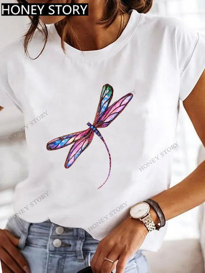 Dragonfly Butterfly Print Base Top Loose Women's Short-sleeved T-shirt Round Neck Oversized T Shirt  Women Clothes TEE