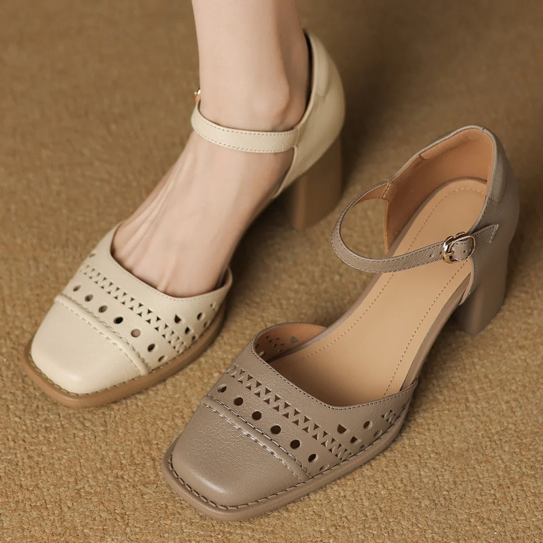 Women's sheepskin hollow-out summer sandals ankle strap square toe 6cm thick med heel elegant ladies heeled dress slim shoes 40