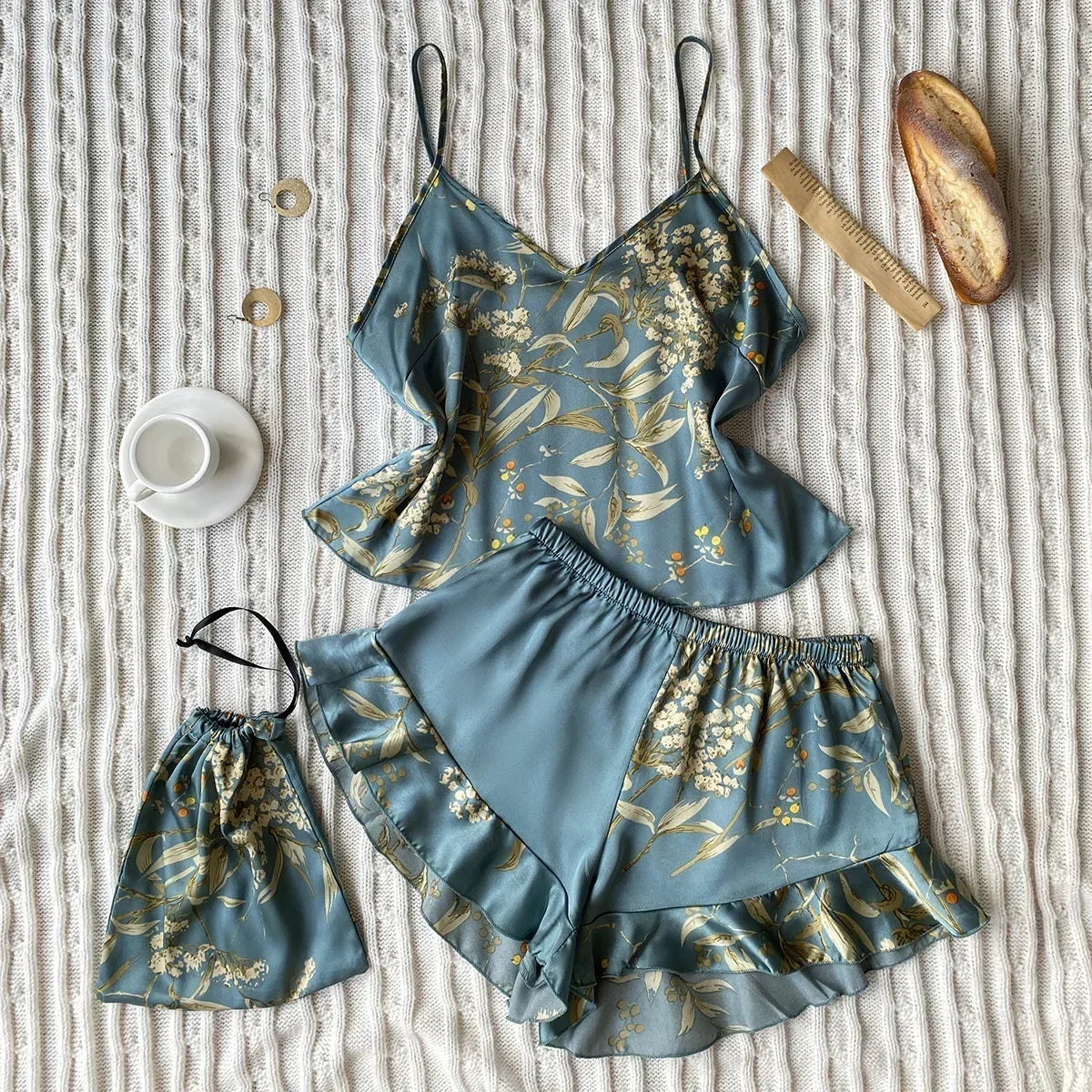 Summer Fashion 3 Pcs Silk Floral Print Suspenders Tops and Shorts with Hanging Bag Pajamas Women Sleepwear Home Wear