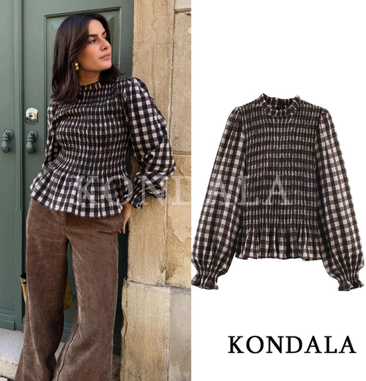 KONDALA Trendy Casual Plaid Slim Shirts Women Elegant Long Sleeve Stretch Bust Tops 2026 Spring Chic Holiday Fold Pleated Shirts