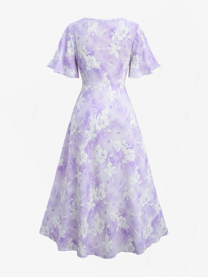 ROSEGAL Plus Size Tie Dye Floral Print Ruffles Lace-Up Dress 2026 Women Summer Dress Light Purple Square Collar Split Vestidos