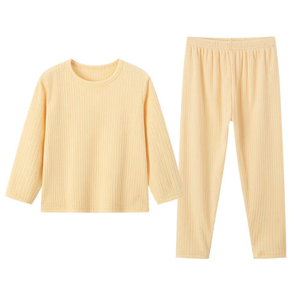 2-Piece Autumn/Winter Children's 5-color Pit Stripe Thermal Underwear Set Boys' Versatile Home Clothes Girls' Sweet Sleepwear