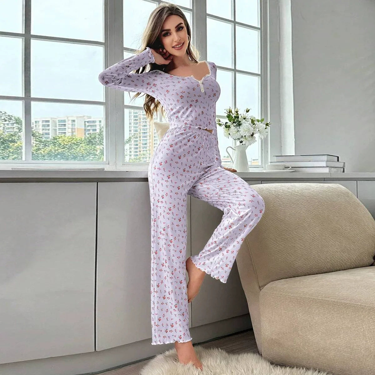 Spring Autumn Floral Print Lettuce Trim Tops with Long Pants Sleepwear Women Pajamas Set Loungewear Nightwear Pijama Mujer