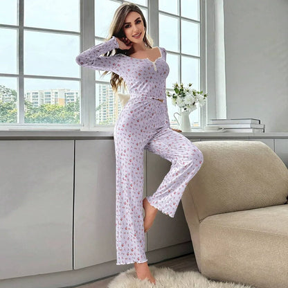 Spring Autumn Floral Print Lettuce Trim Tops with Long Pants Sleepwear Women Pajamas Set Loungewear Nightwear Pijama Mujer
