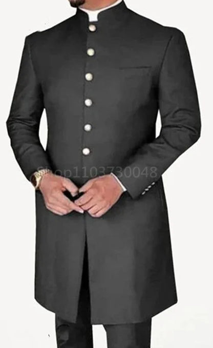 2 Pieces Fashion Style Men Suits Long Coat with Pants Smart Casual Men's Business/Wedding Suits Single Breasted Jacket Trousers