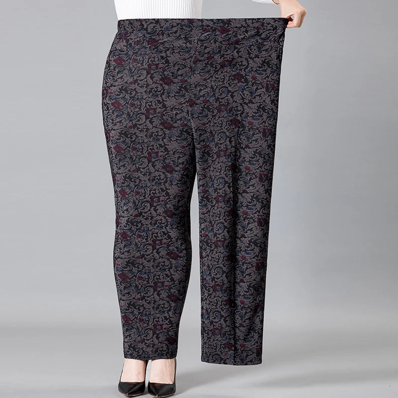 8XL 9XL Middle-aged Women Trousers New Print Elasti High Waist Casual Pants Spring and Autumn Straight Pants Oversize Grandma Pa