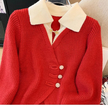 New 2026 Autumn Winter Design Splicing Slim Women Knitted Cardigan Sweater Jacket Fashion Fake Two Items Loose Ladies Top