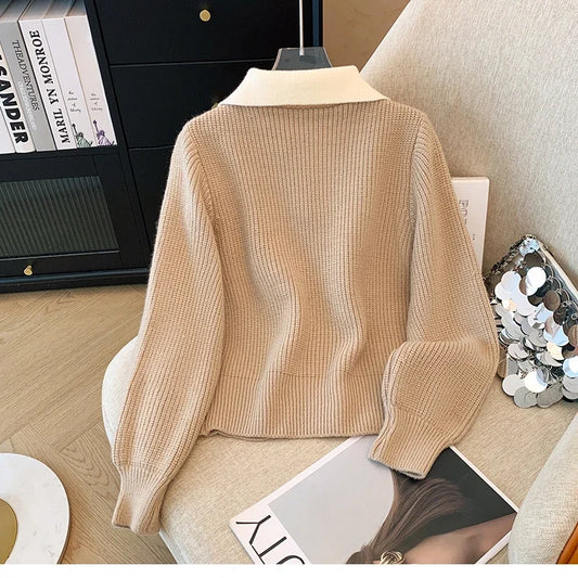 New 2026 Autumn Winter Design Splicing Slim Women Knitted Cardigan Sweater Jacket Fashion Fake Two Items Loose Ladies Top