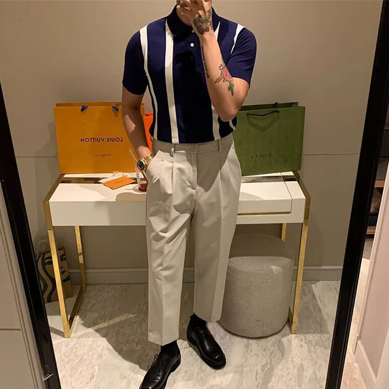 Trendy Mens Slim Knit Polo Shirts Summer Daily Casual Striped Contrast Color Knitted Polos Men Summer Fashion Short Sleeve Tops