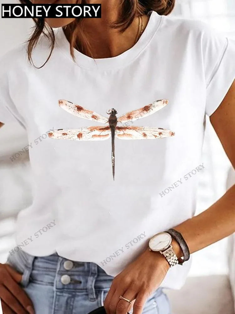 Dragonfly Butterfly Print Base Top Loose Women's Short-sleeved T-shirt Round Neck Oversized T Shirt  Women Clothes TEE