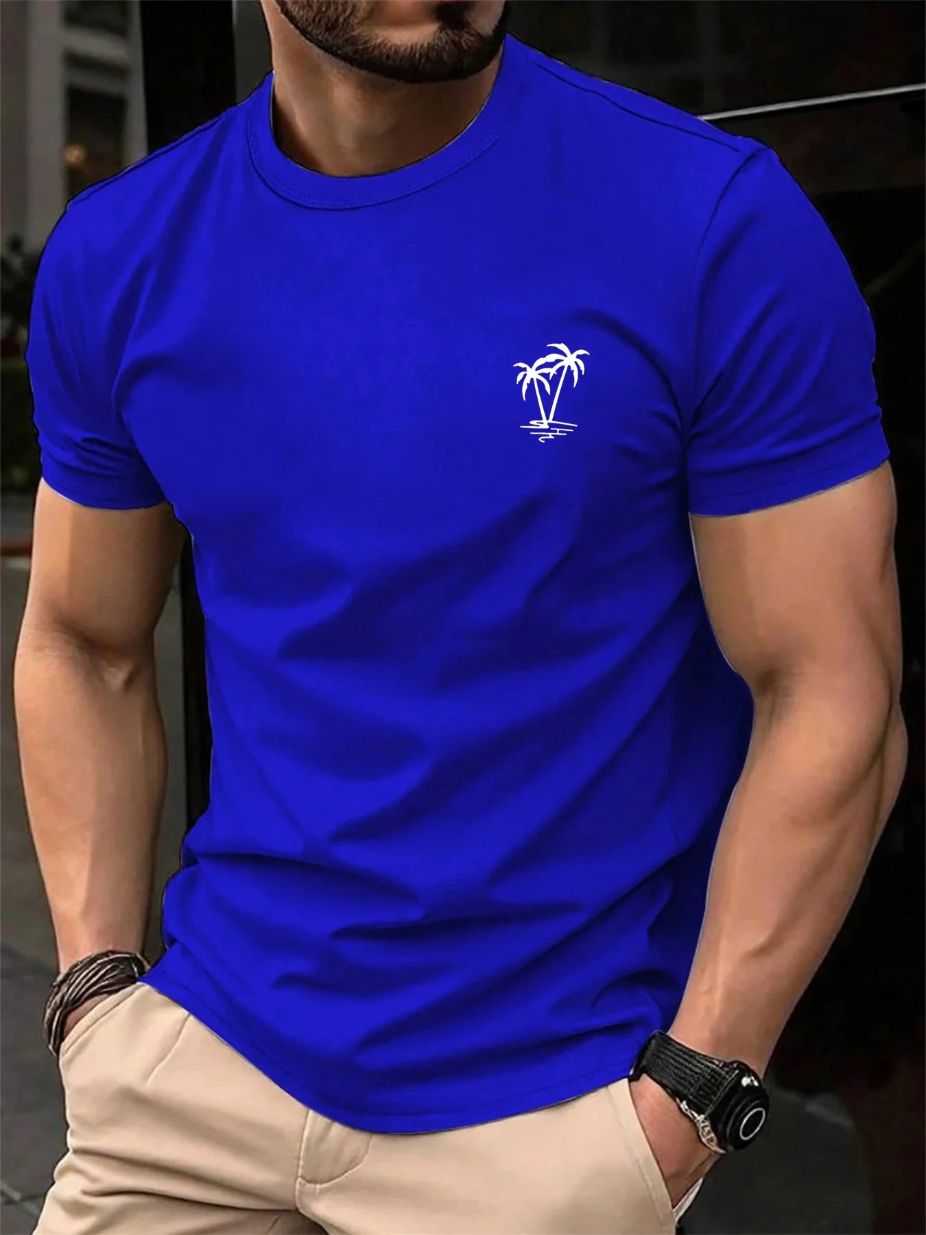 Men's summer 100 cotton fashionable casual loose sports fashionable coconut tree print round neck short sleeved T-shirt top