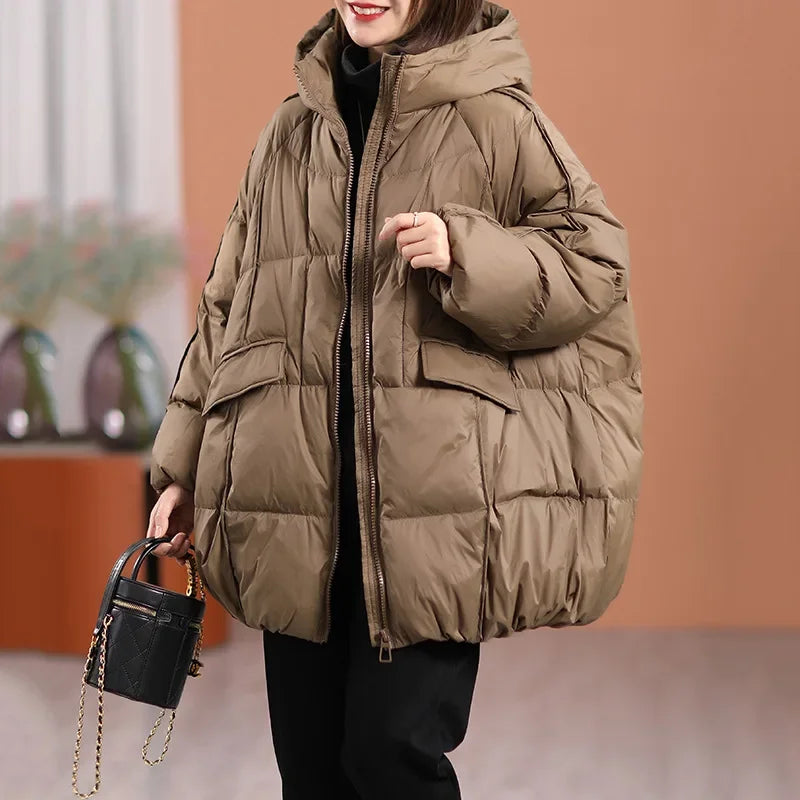 2024 New Winter Women White Duck Down Jacket Hooded Warm Oversize Puffer Coat Female Casual Loose Parkas Pocket Outwear