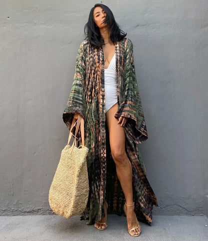 Beach Cover Ups Women Tie Dye Printed Kimono Cardigan Self Belted Wrap Dresses Summer Holiday Bathing Suits