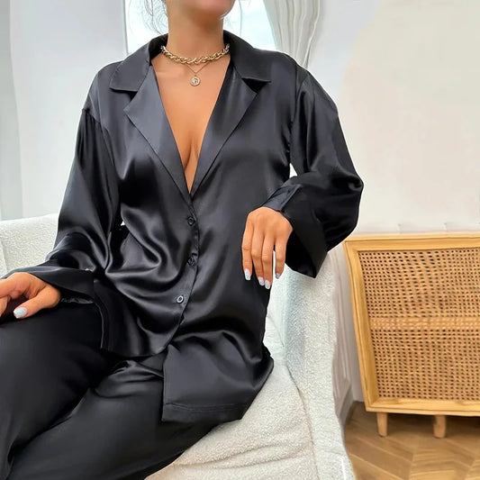 Satin Silk Sleepwear Low Cut Sexy Pajamas For Women Single-Breasted Long Sleeves Wide Leg Pants Trouser Suits Oversized