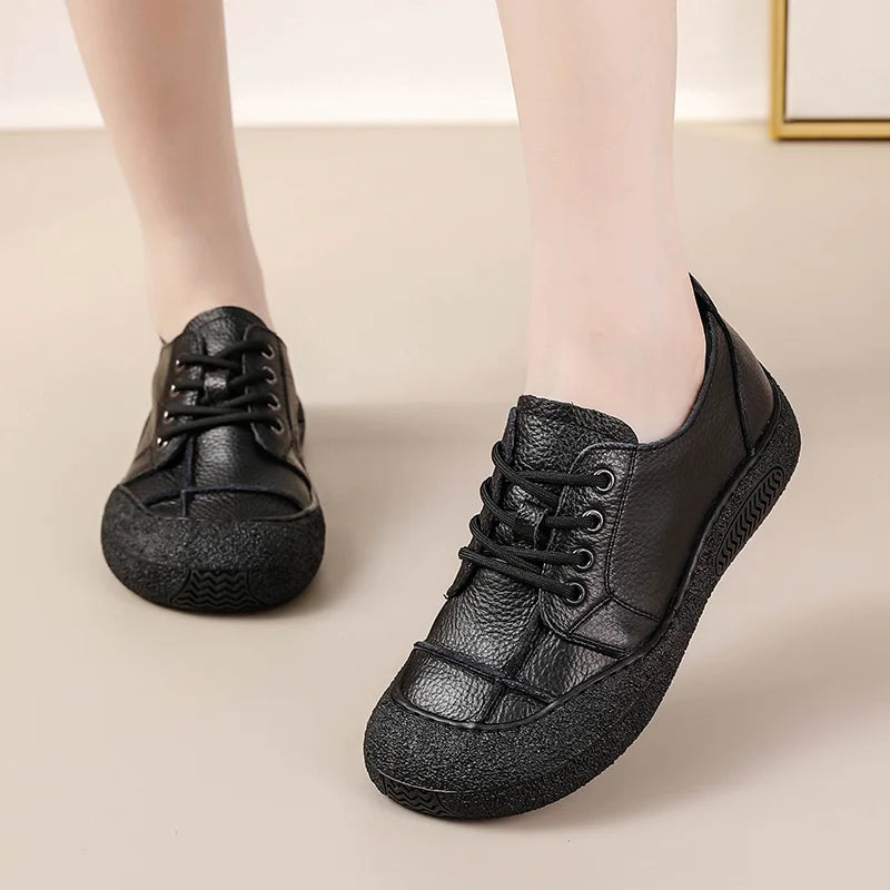 New Women's Genuine Leather Flats Woman Tied Up Wide Head Sports Sneakers Vintage Moccasin Non-Slip Walking Driving Loafer Flats