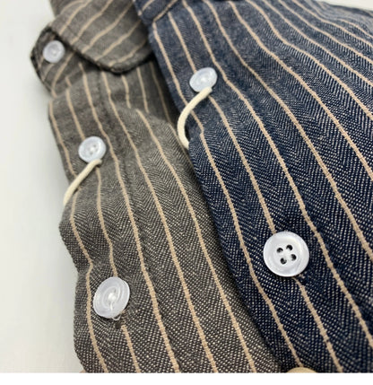 55% Linen 45% Cotton Vintage Striped Shirts for Men American Casual Retro Loose Blouses 2024 Spring Autumn Long Sleeve Male Tops