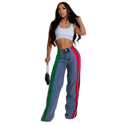 Denim Pants Women Patchwork Spliced Long Pant Mom Straight Button High Waist Casual Jeans Trousers Pocket Lady Y2k Autumn