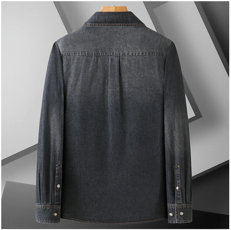 New Autumn Cotton Denim Shirts Men Slim Fit Smart Casual Solid Color Long Sleeve Mens Jeans Shirt  Fashion Male Shirt Black Blu
