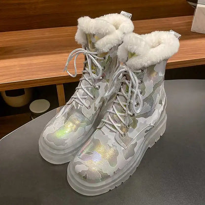 Krazing Pot Ins Cold-resistant Warm Long Plush Sheep Leather Snow Boots Thick Heel Casual Winter Platform Camouflage Ankle Boots