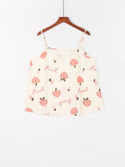 Plus Size Women's Spring Summer Loungewear Set Sweet Girly Peach Print Cami Top with Shorts Soft Pajamas Sleepwear
