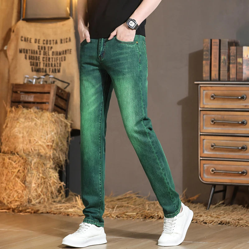 Emerald Green Jeans High-End Embroidery Slim Straight Leg Men Pants Personality Fashion Everything Trend Elastic Denim Pant