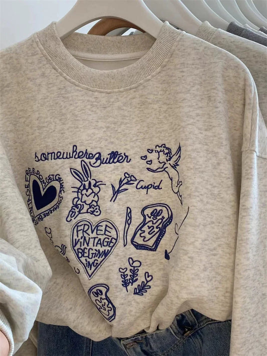 America Retro Sweatshirt Long Sleeves Women Casual O-Neck Sweatshirts Autumn Gray Pullovers Cartoon Print Female Chic Tops