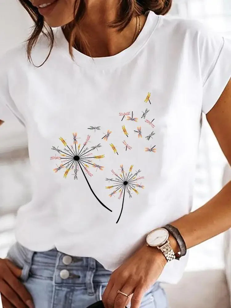 Dragonfly Butterfly Print Base Top Loose Women's Short-sleeved T-shirt Round Neck Oversized T Shirt  Women Clothes TEE