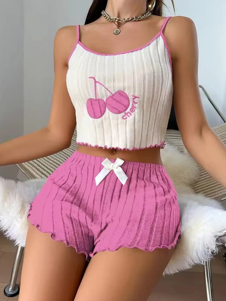 4 Size Summer 2pcs Pajamas Set for Women Casual Simple Ground Wool Halter Vest Shorts Set Home Wear Sleepwear Loungerwear