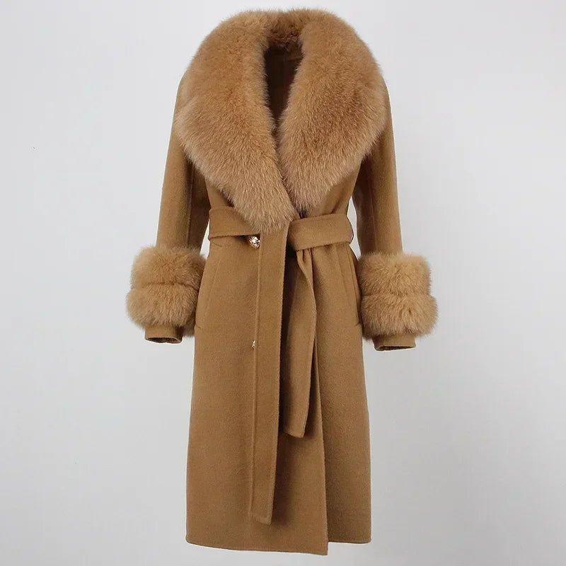 Double Breasted Woolen Jacket Belt Warm Cashmere Real Fur Coat Streetwear New Fashion 2024 Winter Women Long Natural Wool Blends