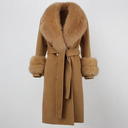 Double Breasted Woolen Jacket Belt Warm Cashmere Real Fur Coat Streetwear New Fashion 2024 Winter Women Long Natural Wool Blends