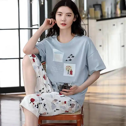 Women Sleepwear Half-Sleeve Seven-Quarter Trousers Student Nightwear Homewear Set Round Neck Cartoon Ladies Pajamas Loungewear