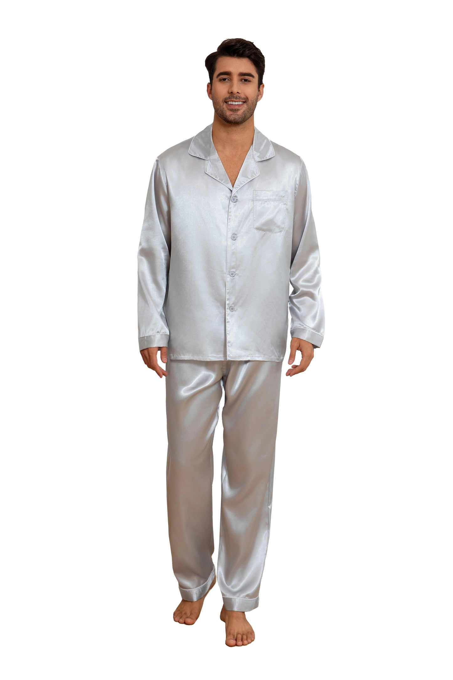 New Men's Pajamas Set Solid Color Casual Homewear Ice Silk Long Sleeve Shirt & Long Pants Pajama Male Satin Sleepwear Indoor Set