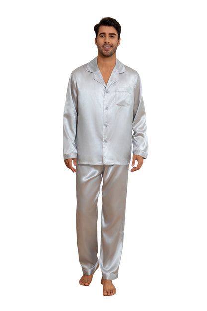 New Men's Pajamas Set Solid Color Casual Homewear Ice Silk Long Sleeve Shirt & Long Pants Pajama Male Satin Sleepwear Indoor Set