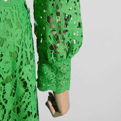 French Elegant Holiday Flower Embroidery Lace Midi Dress Women Lantern Long Sleeve Stand Hollow Out Crochet Party Vestidos
