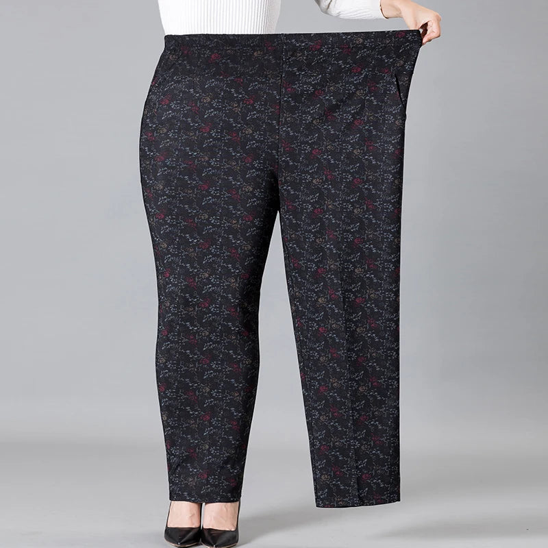 8XL 9XL Middle-aged Women Trousers New Print Elasti High Waist Casual Pants Spring and Autumn Straight Pants Oversize Grandma Pa