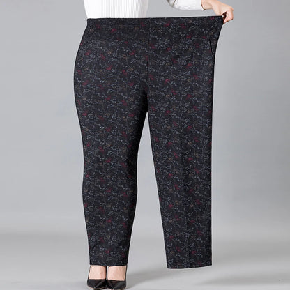 8XL 9XL Middle-aged Women Trousers New Print Elasti High Waist Casual Pants Spring and Autumn Straight Pants Oversize Grandma Pa