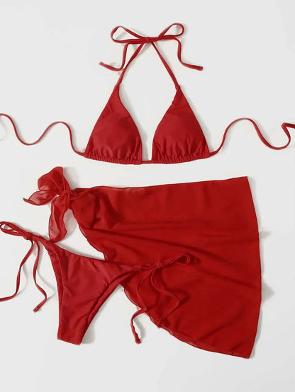 2026 Women's High Waist Bikini Set Halter Cut Out Mesh Skirt 3 Piece Swimsuit Brazilian Push Up Bra Beach Bathing Suit Swimwear