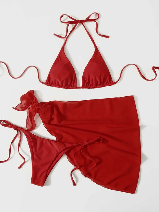2026 Women's High Waist Bikini Set Halter Cut Out Mesh Skirt 3 Piece Swimsuit Brazilian Push Up Bra Beach Bathing Suit Swimwear