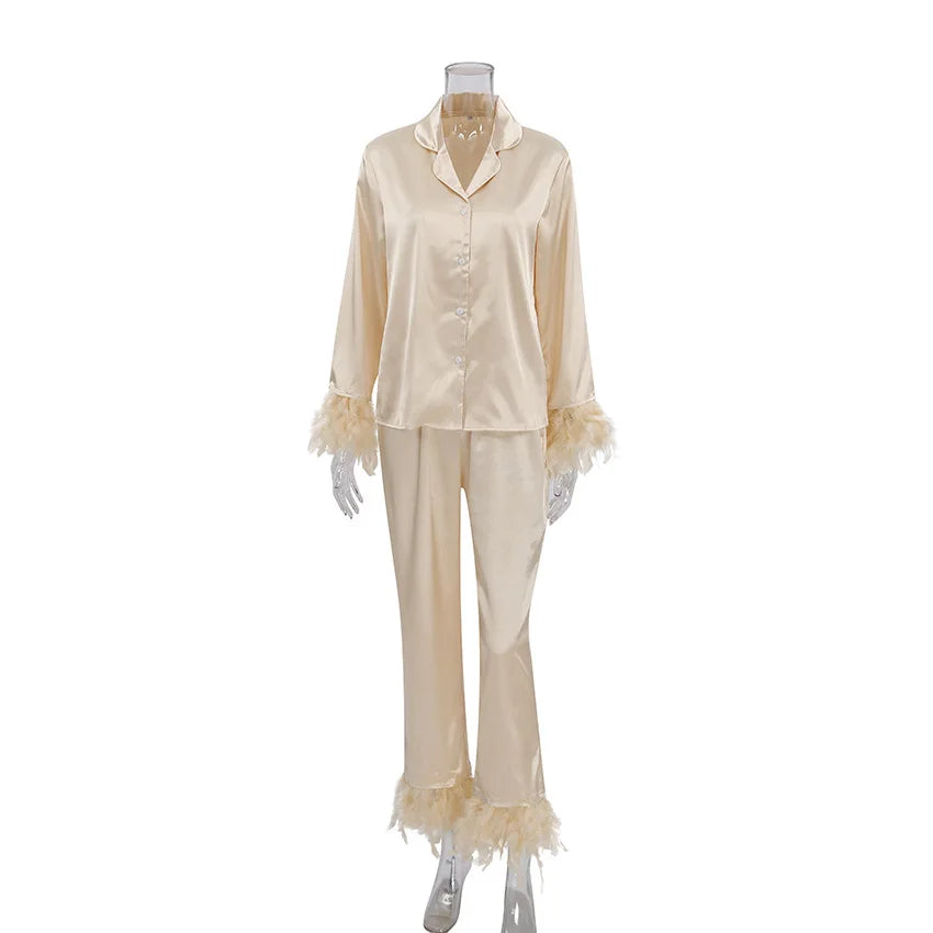 NHKDSASA Feathers Sleepwear Female 2 Piece Set Long Sleeve Turn Down Collar Tops Satin Casual Women Sets With Pants Summer 2023