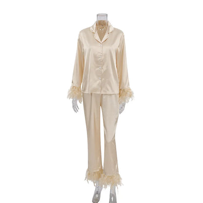 NHKDSASA Feathers Sleepwear Female 2 Piece Set Long Sleeve Turn Down Collar Tops Satin Casual Women Sets With Pants Summer 2023