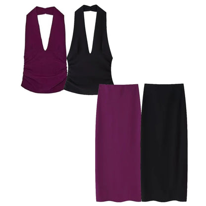 HXAO Skirt 2 Piece Set Halter Crop Top Women Long Skirt Outfit Ruched Tight Pencil Skirt And Top Two Piece Set Summer Set 088