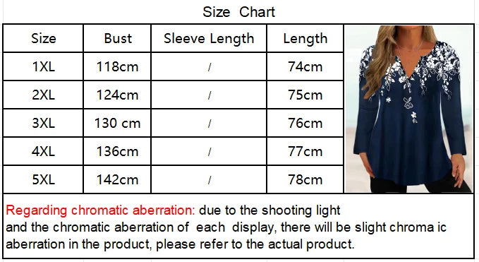 Plus-size women's casual floral print V-neck long-sleeve T-shirt top