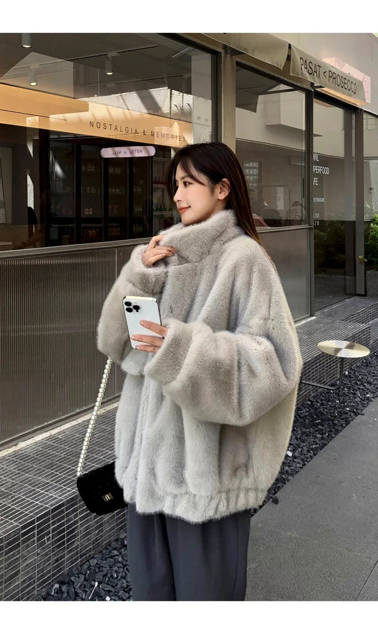 Women Faux Fur Coats Mid Length Jackets Stand Collar Coat Thick Warm Y2k Streetwear Jacket Work Casual Loose Autumn Winter