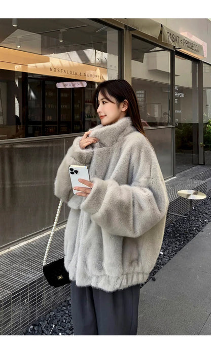 Women Faux Fur Coats Mid Length Jackets Stand Collar Coat Thick Warm Y2k Streetwear Jacket Work Casual Loose Autumn Winter