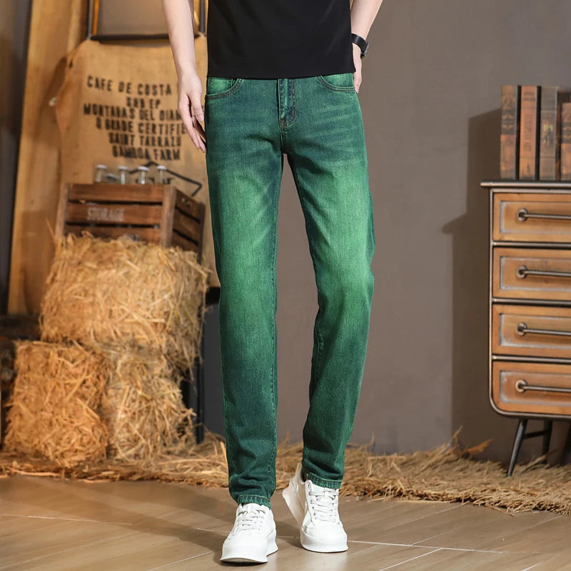 Emerald Green Jeans High-End Embroidery Slim Straight Leg Men Pants Personality Fashion Everything Trend Elastic Denim Pant