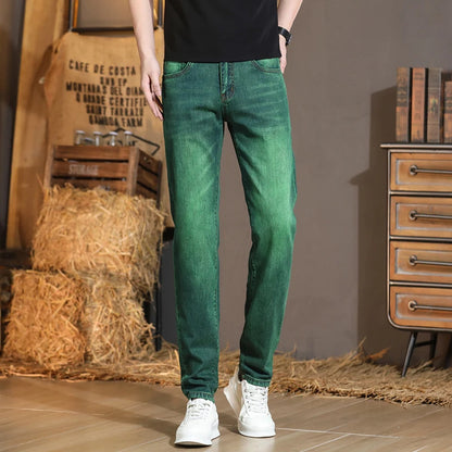 Emerald Green Jeans High-End Embroidery Slim Straight Leg Men Pants Personality Fashion Everything Trend Elastic Denim Pant