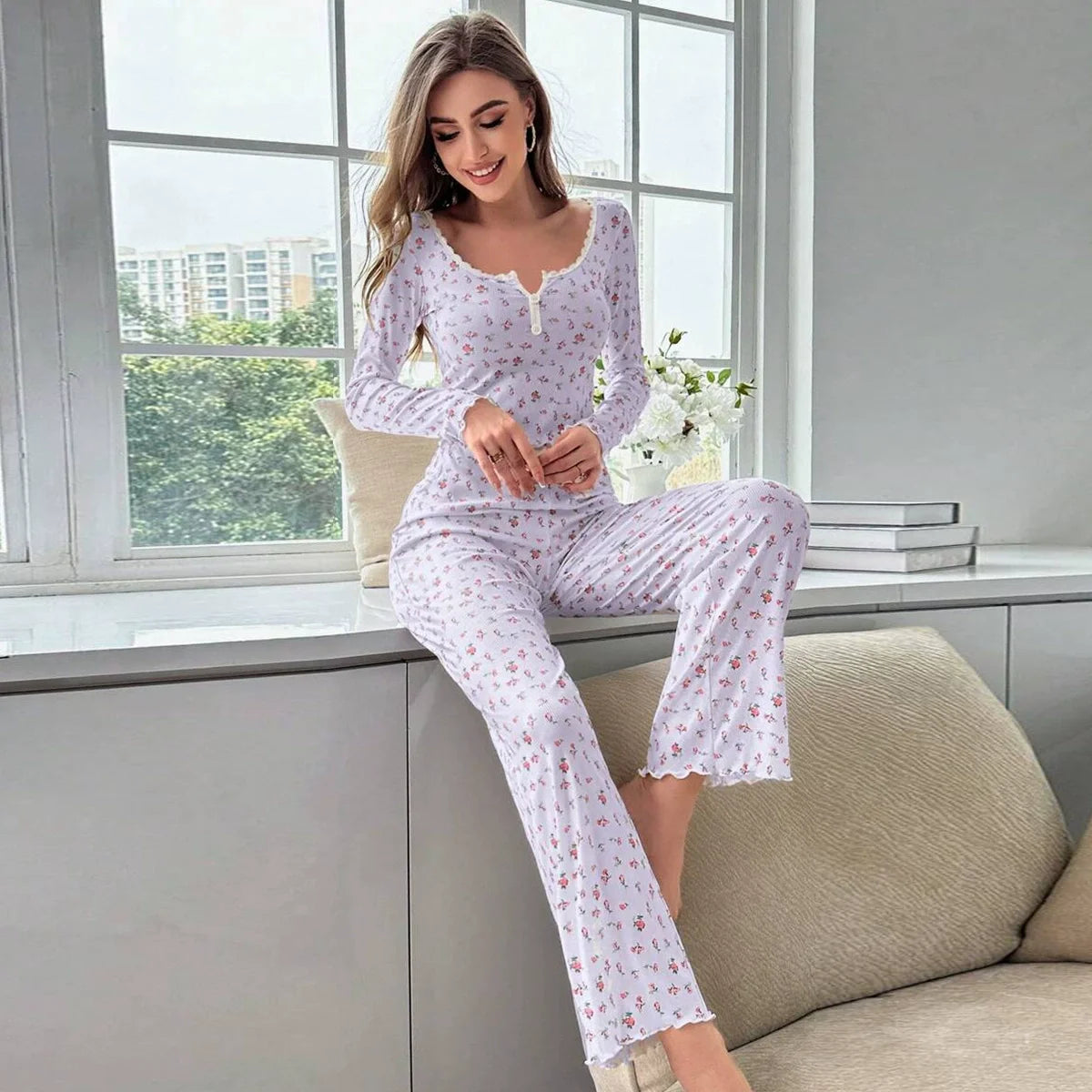 Spring Autumn Floral Print Lettuce Trim Tops with Long Pants Sleepwear Women Pajamas Set Loungewear Nightwear Pijama Mujer
