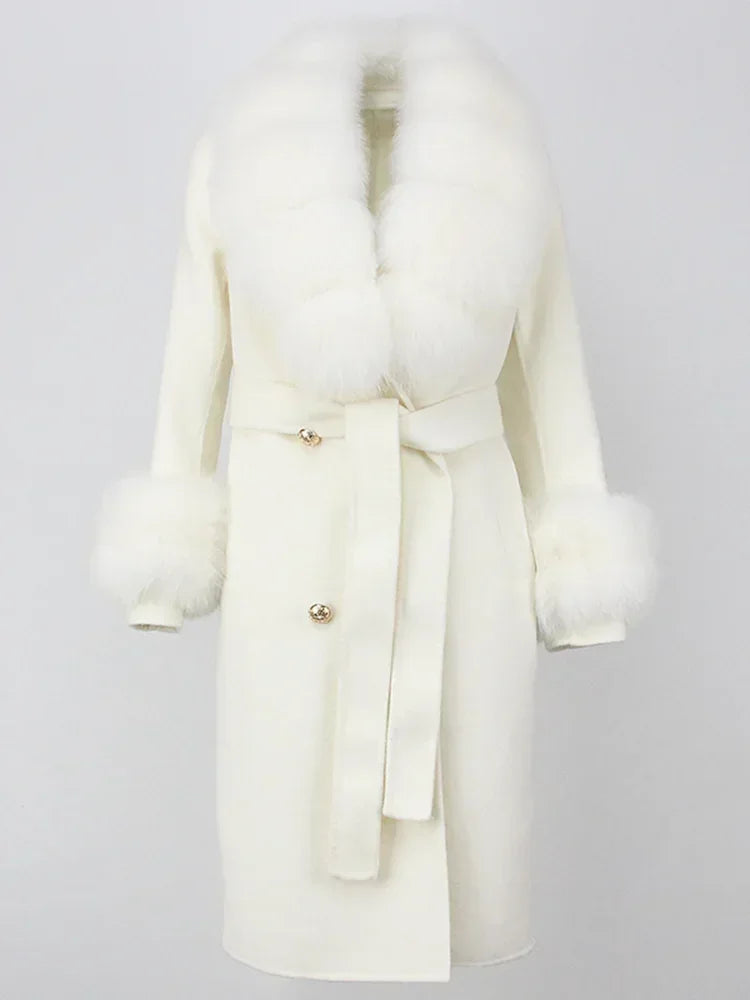 Double Breasted Woolen Jacket Belt Warm Cashmere Real Fur Coat Streetwear New Fashion 2024 Winter Women Long Natural Wool Blends